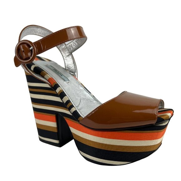 Prada Patent Striped Wedge Sandal, Cognac - Picture 1 of 16